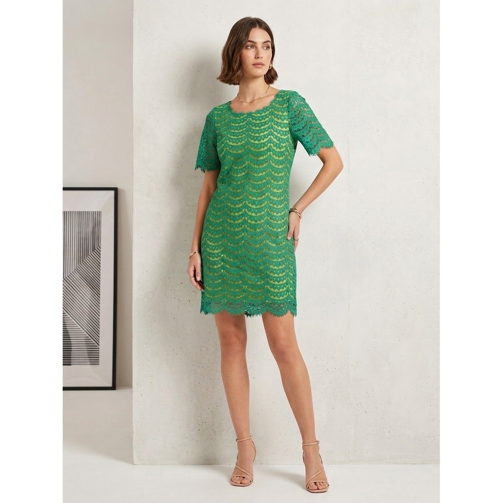 Boden Green Scallop Lace Shift Dress Short Sleeve Yellow Lining Size 10